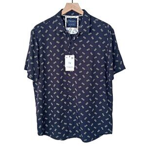 New Denim & Flower Mens Daisy Print Button Up Shirt Navy Blue Viscose Size M